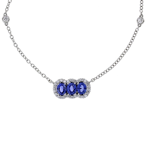 18K Blue Sapphire Diamond Pendant on Diamond Station Chain